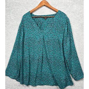 Talbots Womens 2X Blouse Teal Print LongSleeve Relaxed‎ Fit